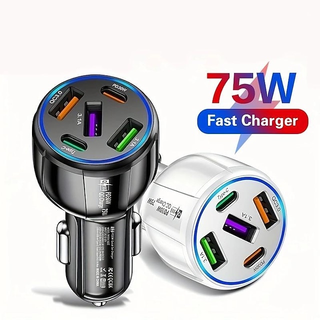  Set Of Five-In-One Dual-Line Car Charger 75w Fast Charge One For Five 3usb+2pd Car Mobile Phone Charger
