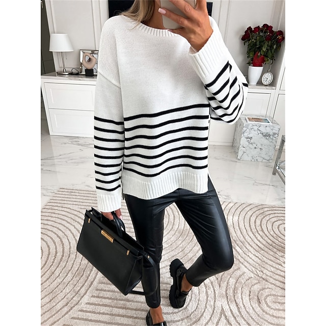  Women's Pullover Sweater Jumper Jumper Ribbed Knit Patchwork Crew Neck Striped Daily Going out Stylish Casual Fall Winter White S M L