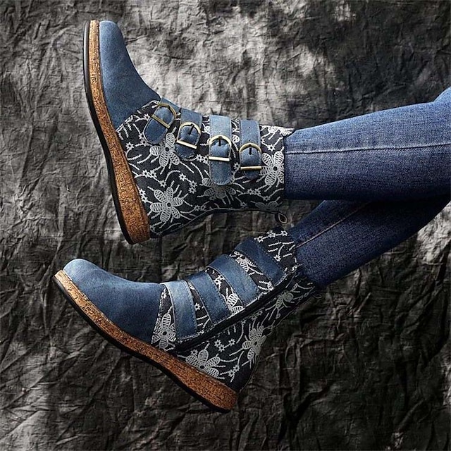  botine vintage de damă cu broderie florală – cizme boeme colorate din piele artificială cu curele cu cataramă și fermoar lateral, încălțăminte retro casual pentru toamnă și iarnă