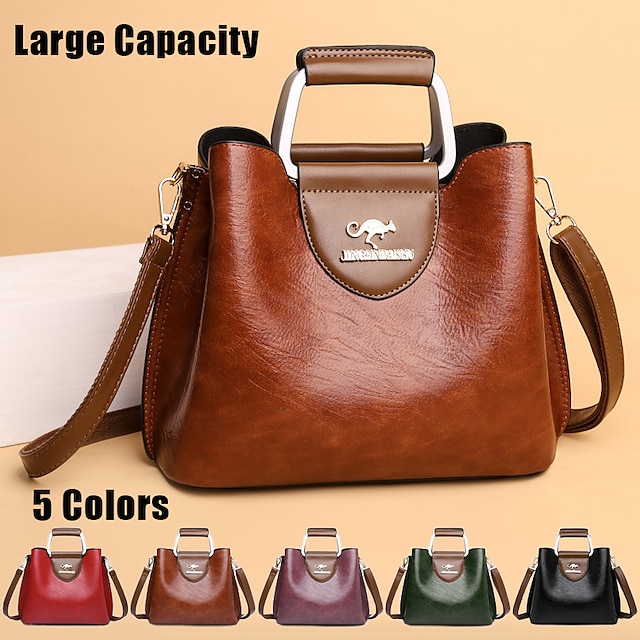 Women's Handbag Crossbody Bag Bucket Bag PU Leather Valentine's Day Shopping Daily Zipper Large Capacity Waterproof Durable Solid Color Color Block dark brown Black Red