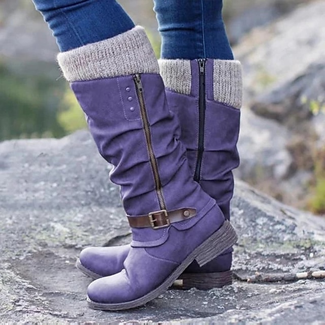  Women's Boots Combat Boots Sweater Boots Riding Boots Daily Walking Solid Color Knee High Boots Buckle Block Heel Round Toe Vintage Casual Comfort Walking PU Zipper Black Burgundy Purple
