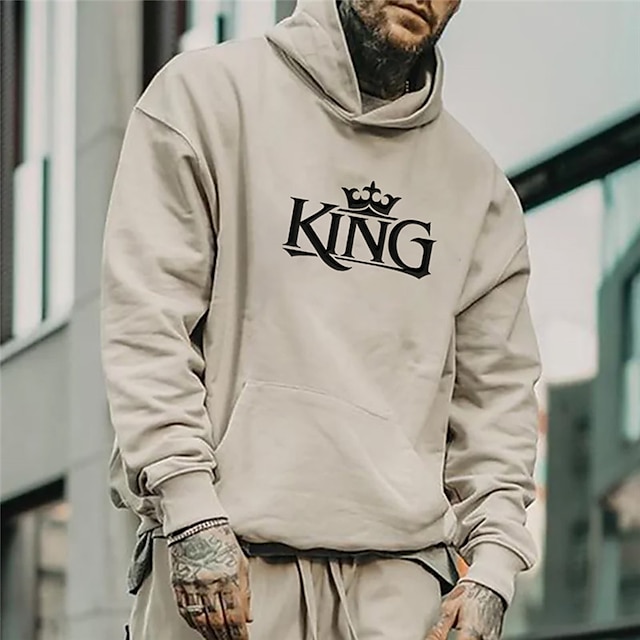  King Mens Graphic Hoodie Pullover Sweatshirt Khaki Hooded Letter Prints Daily Sports Streetwear Designer Basic Spring & Fall Clothing Apparel White Cotton