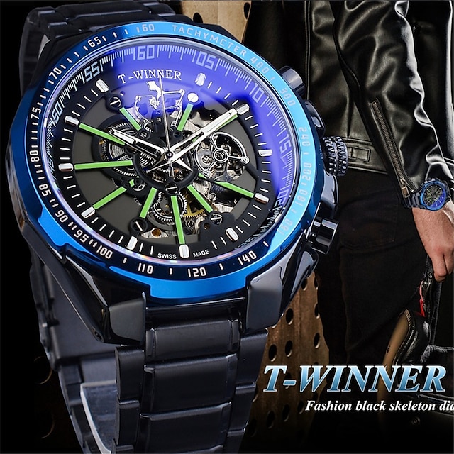  Vencedor relógio mecânico masculino de luxo com mostrador grande moda negócios esqueleto oco automático de corda automática luminoso relógio de liga à prova d'água