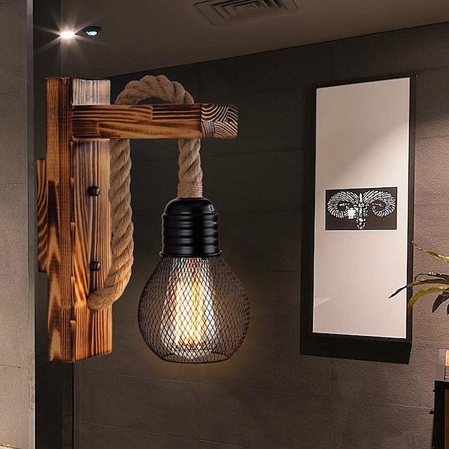  naturfiberreb brun væglampe sæt skyggefuld 1-hoved sommerhus vægmonteringslampe industriel vintage sconce lys med træ bagplade til bar gang restaurant 110-240v