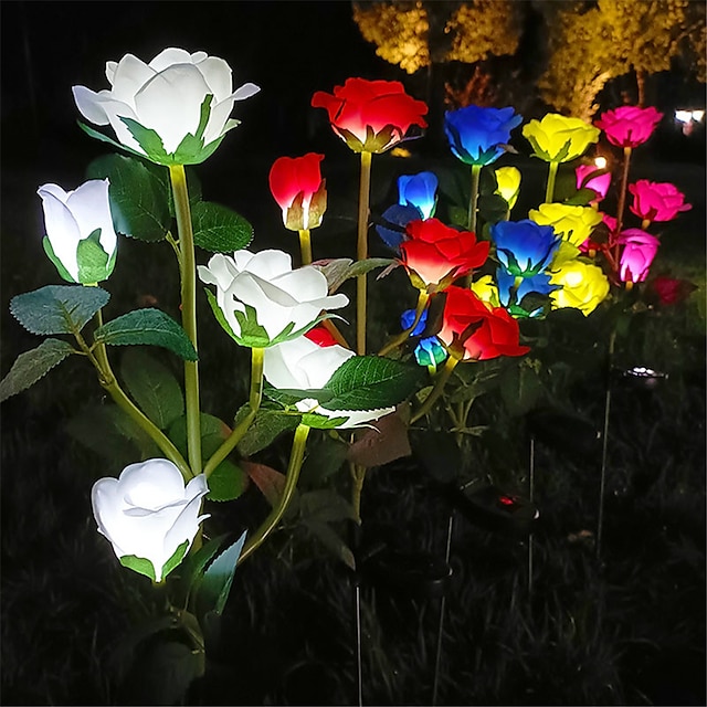  5 Head LED Solar Rose Orchid Flower Light Outdoor Garden Waterproof Simulation Lawn Lamp Wedding Party Christmas Decor Landscape Light