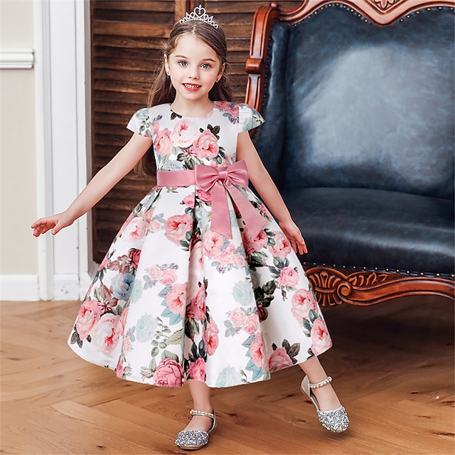  Παιδιά Κοριτσίστικα Φόρεμα Φόρεμα για πάρτυ Φλοράλ Λουλούδι Κοντομάνικο Επίδοση Γάμου Ειδική Περίσταση Σουρωτά Κομψό Διακοπές Μοντέρνα Πολυεστέρας Μίντι