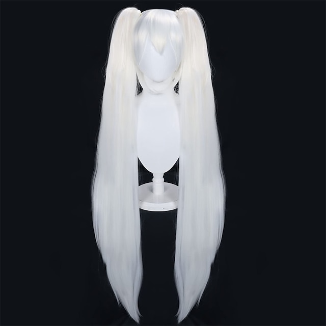  λευκή περούκα με διπλές αλογοουρές περούκες για γυναίκες μακριές ίσιες συνθετικές περούκες μαλλιών για απόκριες 2 κοτσιδάκια με κτυπήματα περούκα για anime cosplay αποκριάτικο χριστουγεννιάτικο πάρτι