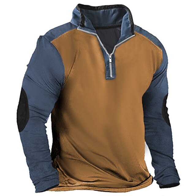  Men's Tee Top Long Sleeve Standing Collar Spring &  Fall Color Block Fashion Designer Basic Vacation Street Going out Black Light Brown Brown Top Tee for Men