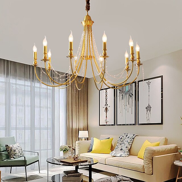  Gold Modern Farmhouse Chandelier 3/6/8/9/10/12-Light Distressed White Wood Bead & Brass Iron Light Fixture Shabby Chic Candle Ceiling Hanging for Dining Living Room Kitchen Bedroom Foyer Entryway 110-240V