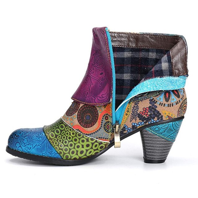 CrazycatZ Women's Floral Leather Ankle Boots - Vintage Block Heel Booties With Hand-Painted Design