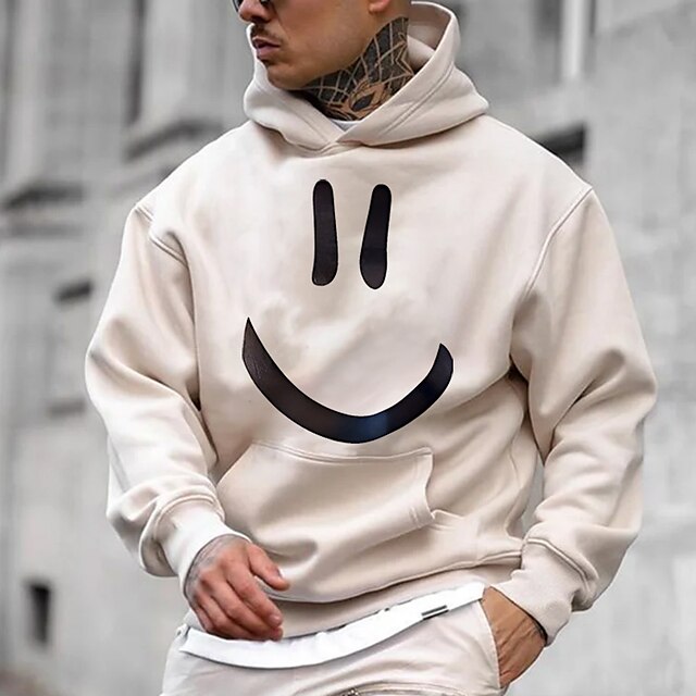  Sudadera con capucha con cara sonriente para hombre, jersey con estampado gráfico de color caqui, estampados de dibujos animados, ropa de calle deportiva diaria, diseñador básico para primavera&