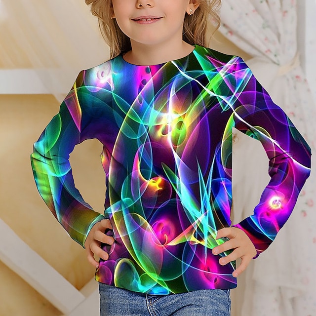  Pige 3D 3D Print T-shirt Langærmet 3D-udskrivning Efterår Vinter Aktiv Mode Sød Stil Børn 3-12 år udendørs Afslappet Daglig Regulær