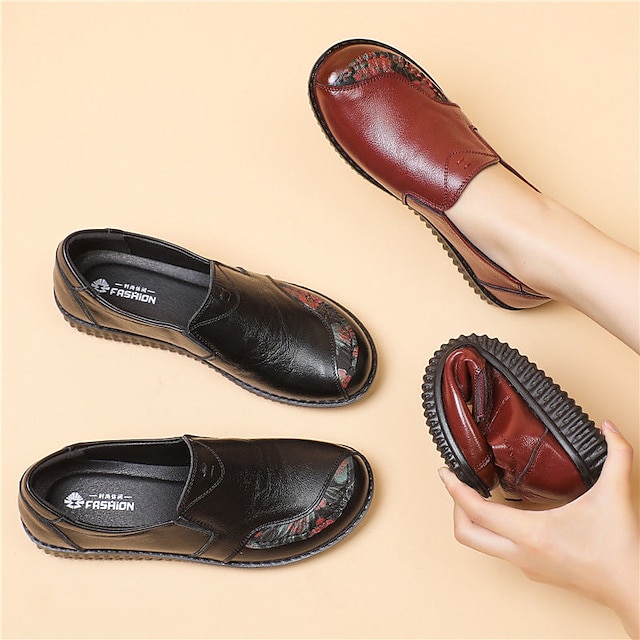  Women's Flats Comfort Shoes Daily Walking Floral Color Block Summer Flat Heel Round Toe Casual Comfort Minimalism Cowhide Loafer Wine Red Black