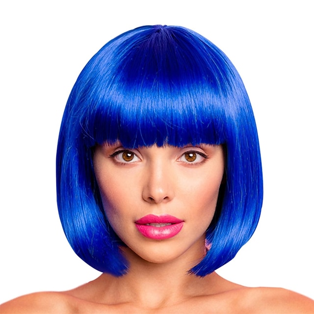  синий парик боб с челкой 12-дюймовый королевский синий парик короткие синтетические волокна боб парики для женщин короткие парики боб и хэллоуин косплей боб парик