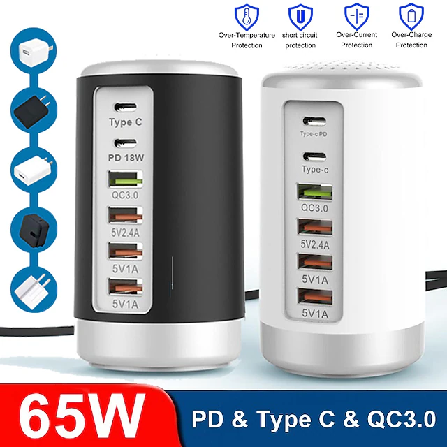 6 Port Desktop Charger, 65W USB Hub Charging Station (3 x USB+Type C+QC3.0+PD 18W), Multi-Port Charger Hub Desktop Charging Station, Fast Wall Charger Compatible with Smart Phones, Tablets and More 14