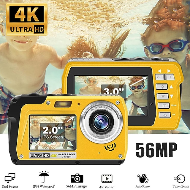  4k30fps vanntett kamera 56mp undervannskameraer uhd videoopptaker selfie ips doble skjermer(3/2) 10ft vanntett digitalkamera for snorkling på ferie 1700mah