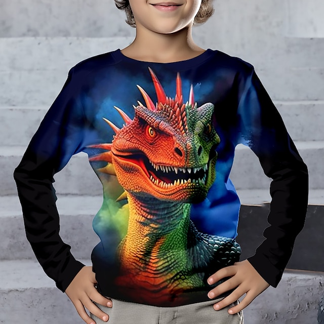  Boys 3D Graphic Animal Dinosaur T shirt Tee Long Sleeve 3D Print Summer Spring Fall Sports Fashion Streetwear Polyester Kids 3-12 Years Outdoor Casual Daily Regular Fit
