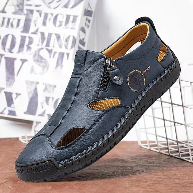  Hombre Sandalias Zapatos de taco bajo y Slip-On Mocasines de Confort Zapatos hechos a mano Zapatos de Paseo Vintage Casual Exterior Diario Cuero Templado Altura Incrementando Cómodo Cordones Azul