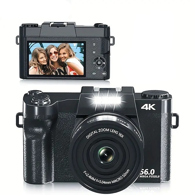  câmera digital 4k 56mp tela de 3,0 polegadas câmera vlogging suporta zoom digital 16x e câmeras portáteis com foco automático para iniciantes