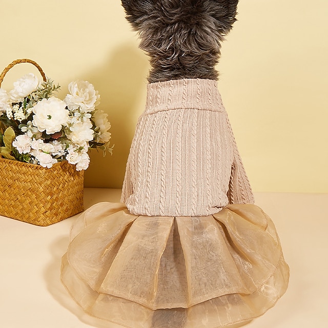  Dog Skirt Autumn and Winter Clothes Dog Warm Knitted Dress Princess Style Double Layer Mesh Stripe Dress High Collar