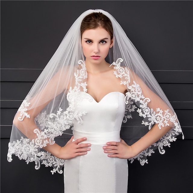  حجاب زفاف بحافة مزينة بالدانتيل من طبقتين مع حجاب زفاف بأطراف الأصابع مع زينة 37.4 بوصة (95 سم) من الدانتيل