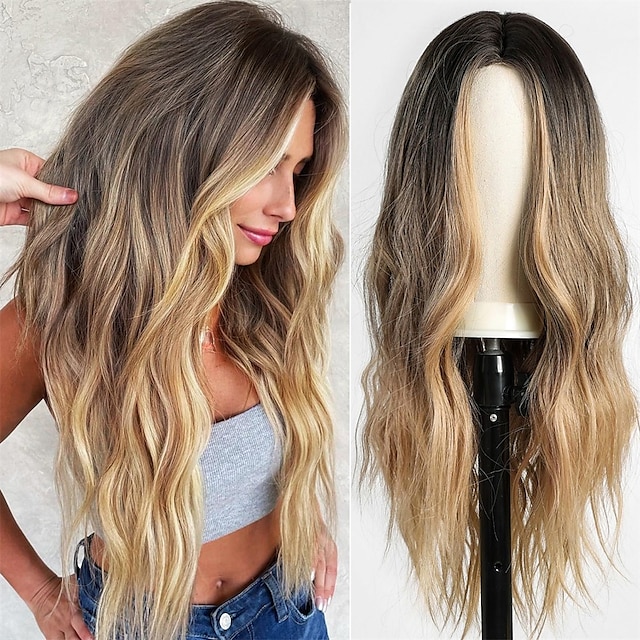  Long Ombre Blonde mixed Brown Highlight Wavy Wig for WomenMiddle Part Curly Wavy Wig Natural Looking Synthetic Heat Resistant Fiber Wig for Daily Party Use 26IN