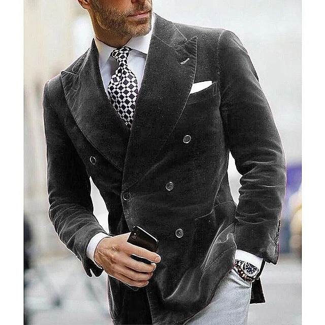  Men's Blazer Jacket Closure collar Fashion Casual Solid Colored Black Burgundy Royal Blue Slim Fit Double Breasted Six-buttons