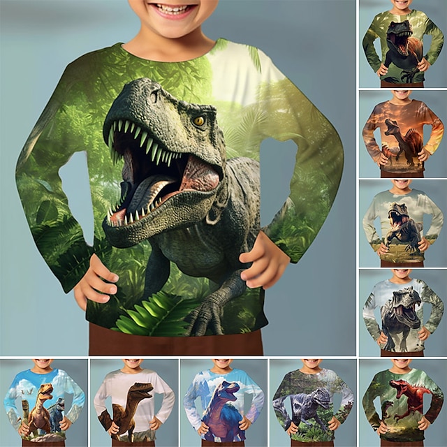  Drenge 3D Grafisk Dyr Dinosaurus T-shirt Langærmet 3D-udskrivning Sommer Forår Efterår Sport Mode Gade Polyester Børn 3-12 år udendørs Afslappet Daglig Regulær