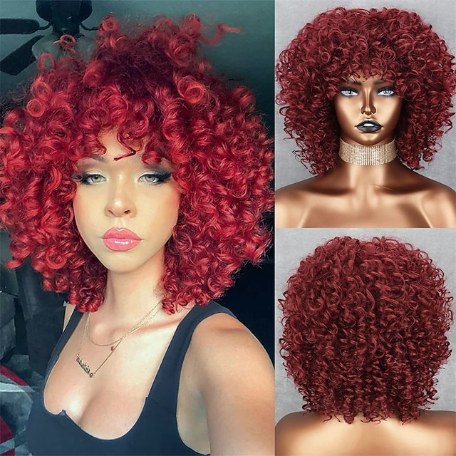  pitkät punaiset kiharat afroperuukit mustille naisille pörröinen aaltoileva viiniperuukki otsatukkailla afro kinky kihara iso pomppiva peruukki päivittäiseen käyttöön