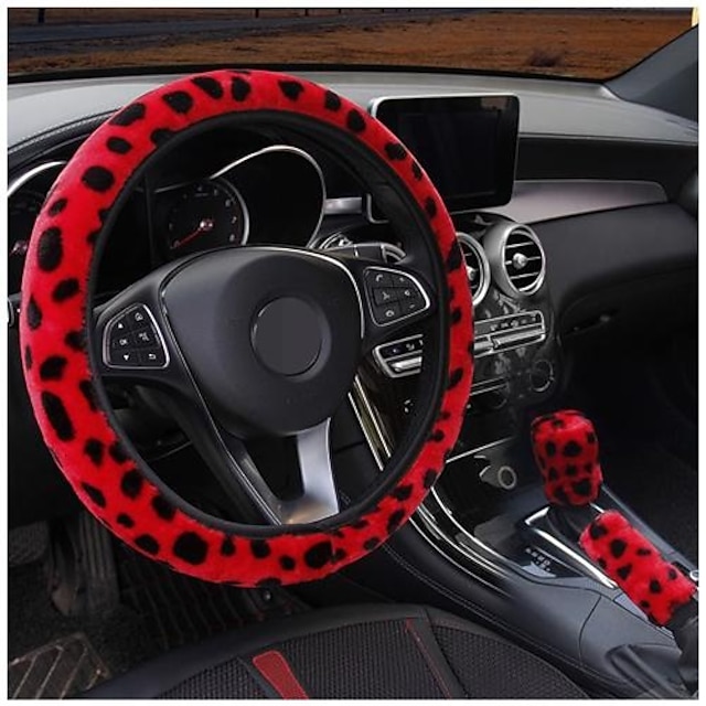  3 Pcs General Leopard Print Artificial Fur Winter Plush Car Steering Wheel Cover Handbrake Gear Cover