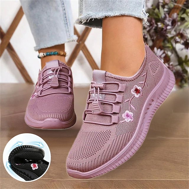  Women's Sneakers Flyknit Shoes Comfort Shoes Outdoor Daily Floral Embroidered Summer Flat Heel Round Toe Cute Casual Comfort Running Tissage Volant Elastic Band Black Pink Gray