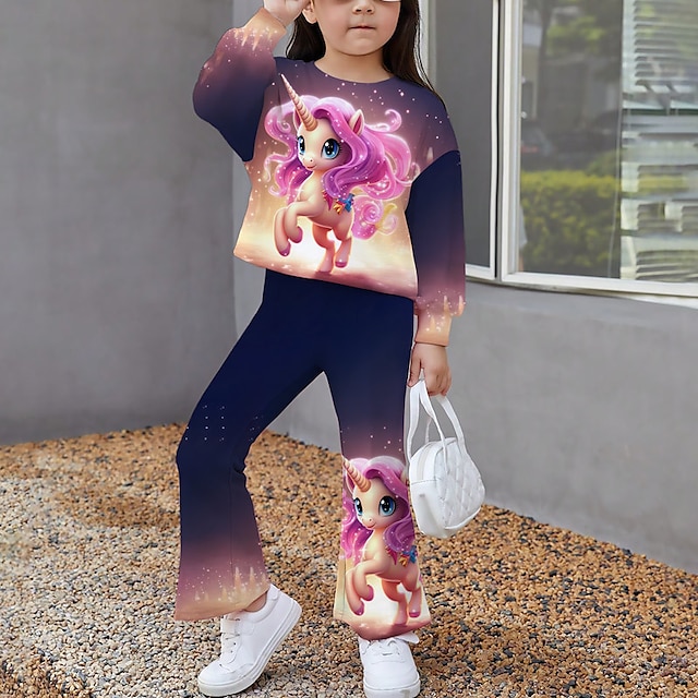 Girls' 3D Graphic Cartoon Unicorn Sweatshirt & Pants Clothing Set Long Sleeve 3D Print Fall Winter Active Fashion Daily Polyester Kids 3-12 Years Outdoor Date Vacation Regular Fit