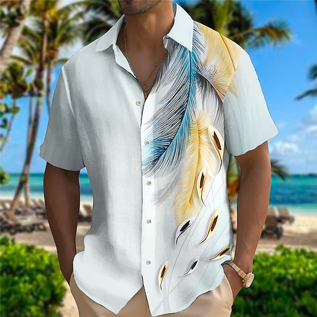  Men's Shirt Feather Turndown Yellow Blue Outdoor Street Short Sleeves Print Clothing Apparel Fashion Designer Casual Soft