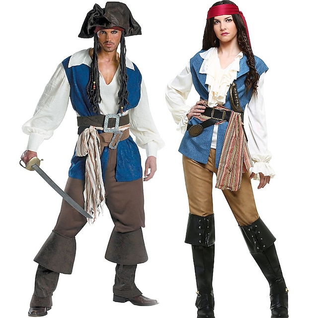  Pirate Halloween Group Couples Costumes Men's Women's Movie Cosplay Cosplay Costumes Blue Vest Top Pants Halloween Carnival Masquerade Polyester