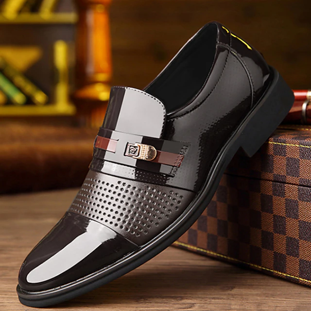 Men's Brown Patent Faux Leather Dress Loafers with Perforated Design - Formal Slip-On Shoes for Business and Special Occasions 10