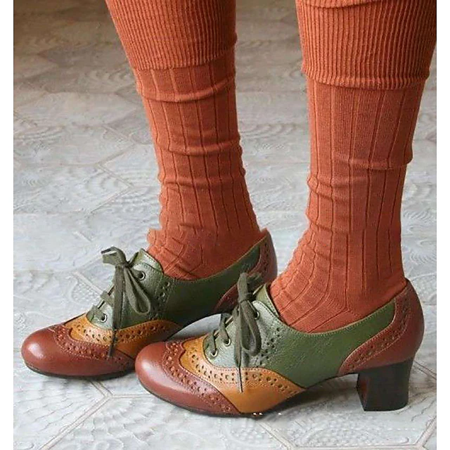 Women's Heels Pumps Brogue Wingtip Shoes Vintage Shoes Party Outdoor Daily Color Block Summer Cone Heel Round Toe Elegant Vacation Cute Leather Buckle Black Yellow Purple 10