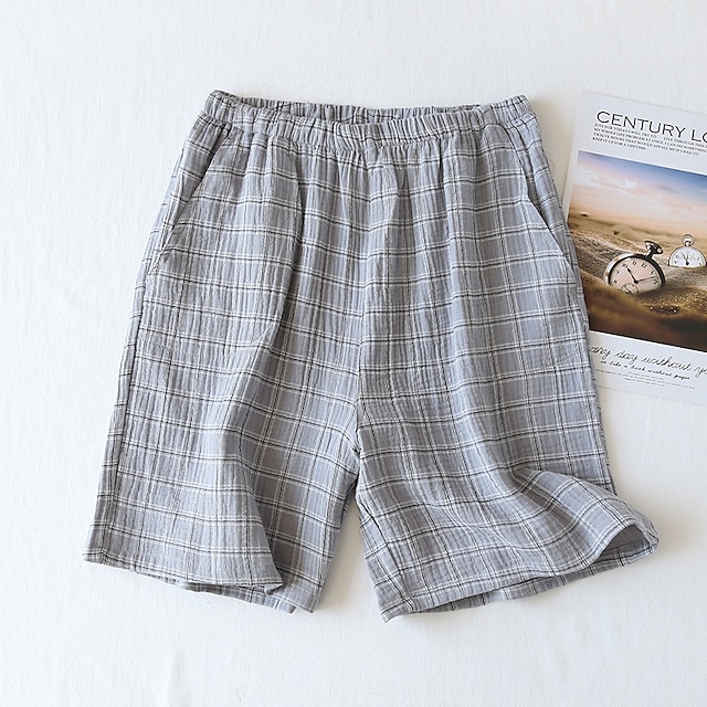  Herr Sovkläder Pyjamasshorts Rutig Stylish Ledigt Komfort Hem Dagligen Säng Bomullsblandning Komfort Sommar Vår Blå Mörkblå