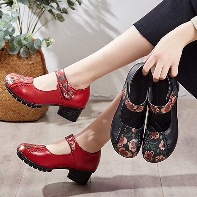  Pentru femei Tocuri Pantofi pumps Pantofi de confort Petrecere În aer liber Zilnic Floral Bloc Culoare Toc Îndesat Vârf rotund Elegant Epocă Modă Piele Piele de Porc Panglică Negru Roșu-aprins