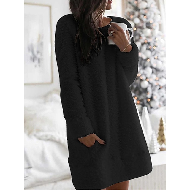  Dame Sweater Kjole Stilfuld Blødt Helfarve Fuzzy Rund hals Lomme Langærmet Strikke Hjem Daglig Sort Hvid Efterår Vinter