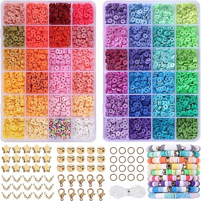  4800 kpl savihelmiä rannerenkaiden valmistussarjaan 48 väriä litteä pyöreä polymeerisavi välikappale heishihelmet korujen valmistukseen, tytöille 8-12, preppy, lahjapakkaus