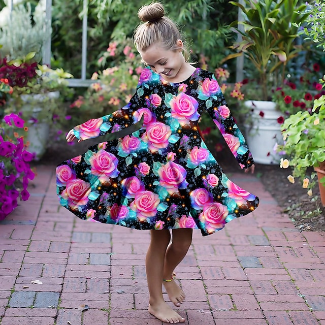  Girls' 3D Graphic Floral Dress Long Sleeve 3D Print Fall Winter Sports & Outdoor Daily Holiday Cute Casual Beautiful Kids 3-12 Years Casual Dress A Line Dress Above Knee Polyester Regular Fit