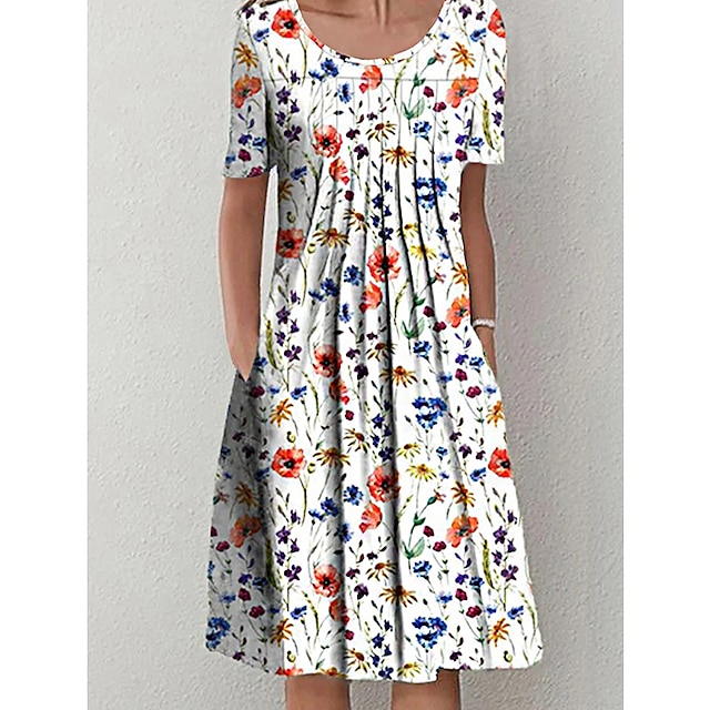  Damen Midi Kleid Freizeitkleid Floral Kleid Weiß Kurzarm Floral Raffung Frühling Sommer Rundhalsausschnitt Basic Alltag Urlaub Wochenende