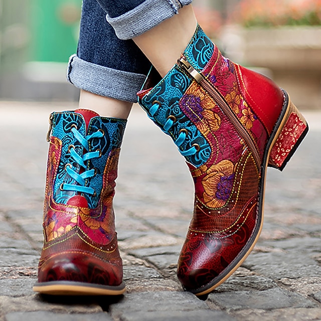  Women's Boots Booties Ankle Boots Handmade Shoes Daily Floral Color Block Booties Ankle Boots Winter Zipper Lace-up Block Heel Round Toe Vintage Casual Comfort Leather Sheepskin Zipper Dark Red