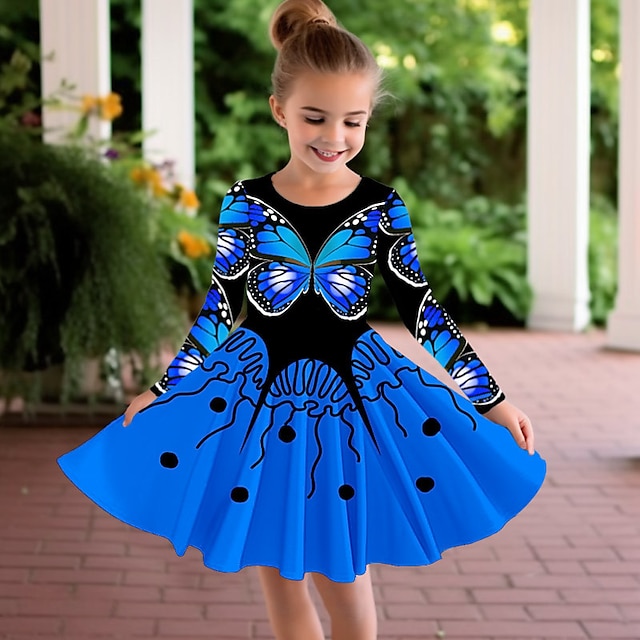  Girls' 3D Graphic Butterfly Dress Long Sleeve 3D Print Summer Fall Sports & Outdoor Daily Holiday Cute Casual Beautiful Kids 3-12 Years Casual Dress A Line Dress Above Knee Polyester Regular Fit
