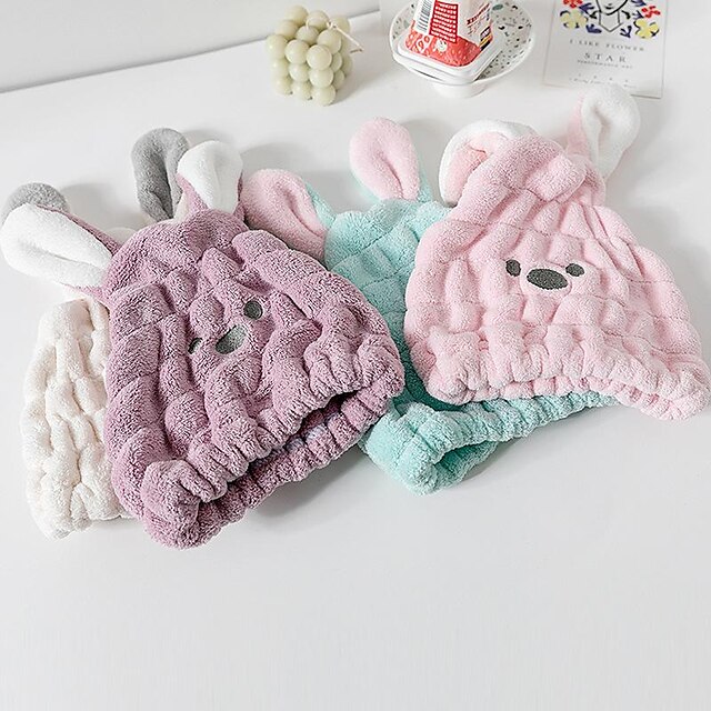  Cartoon Coral Velvet Weft Knitted Fabric Cartoon Dry Hair Cap Quick Drying Rabbit Ears Water Absorption Children's Thickened Bath Cap