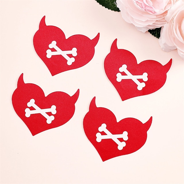  2 Pairs Breathable Self-Adhesive Chest Patch Disposable Satin Breathable And Cute Red Heart And White Bone Little Devil Breast Patch