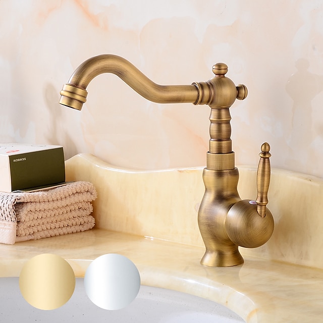  浴室の蛇口シングルハンドル、シンクミキサー洗面器タップ、冷温ホース付きヴィンテージ真鍮