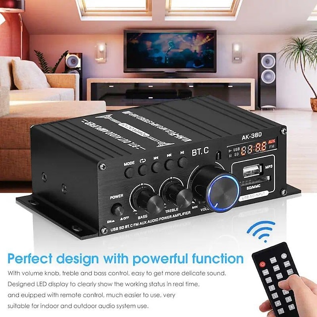 Amplificatore Mini HiFi Bluetooth 4 Canali – 1600W, FM, USB, SD, Telecomando – Per Casa E Auto