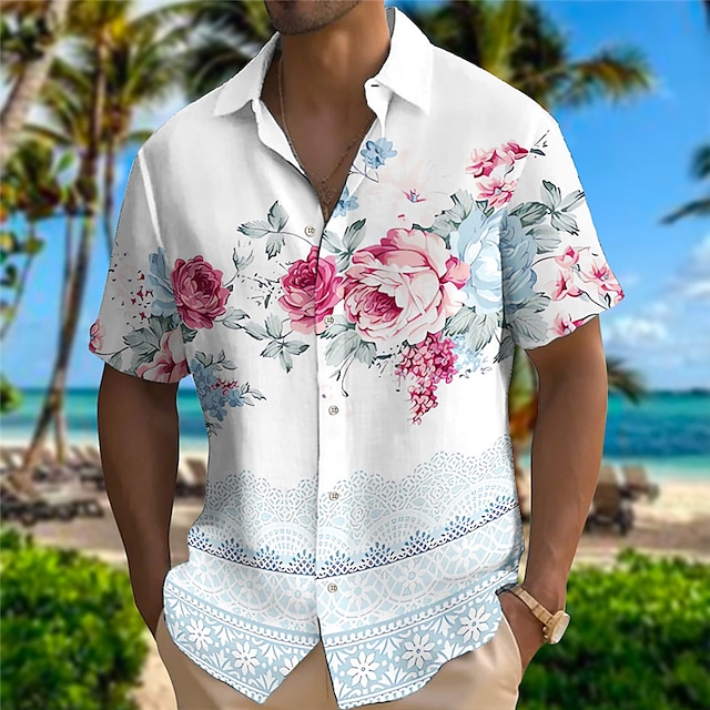  Men's Shirt Floral Graphic Prints Turndown Red Gray Outdoor Street Short Sleeves Print Clothing Apparel Fashion Designer Casual Soft