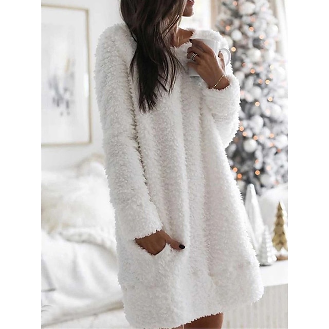  Women's Sweater Dress Crew Neck Fuzzy Knit Cotton Pocket Fall Winter Home Daily Stylish Soft Long Sleeve Solid Color Black White Pink S M L